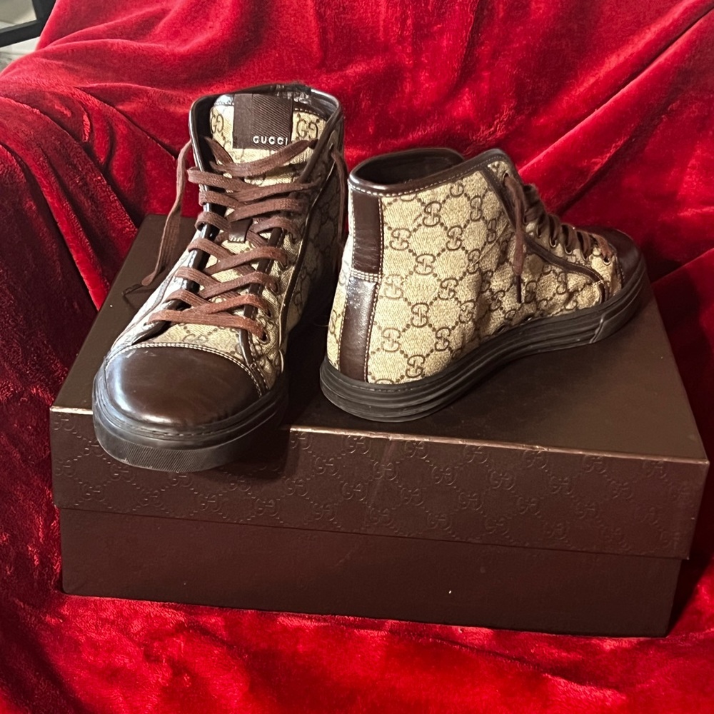 Gucci Beige and Brown Monogram Sneakers